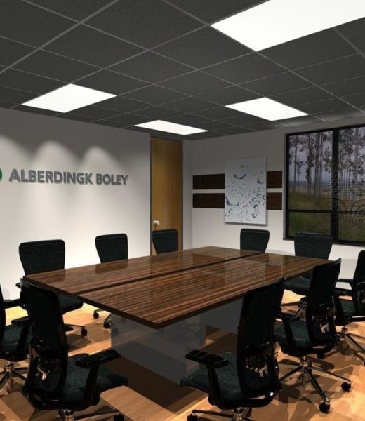 Custom conference room with wall-mounted 3D logo and custom millwork meeting table by Holt Environments