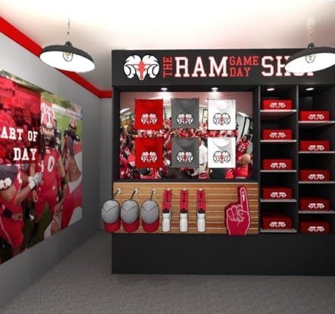 simulated branded environment for college sports gift shop with custom designs for bookstore merchandise