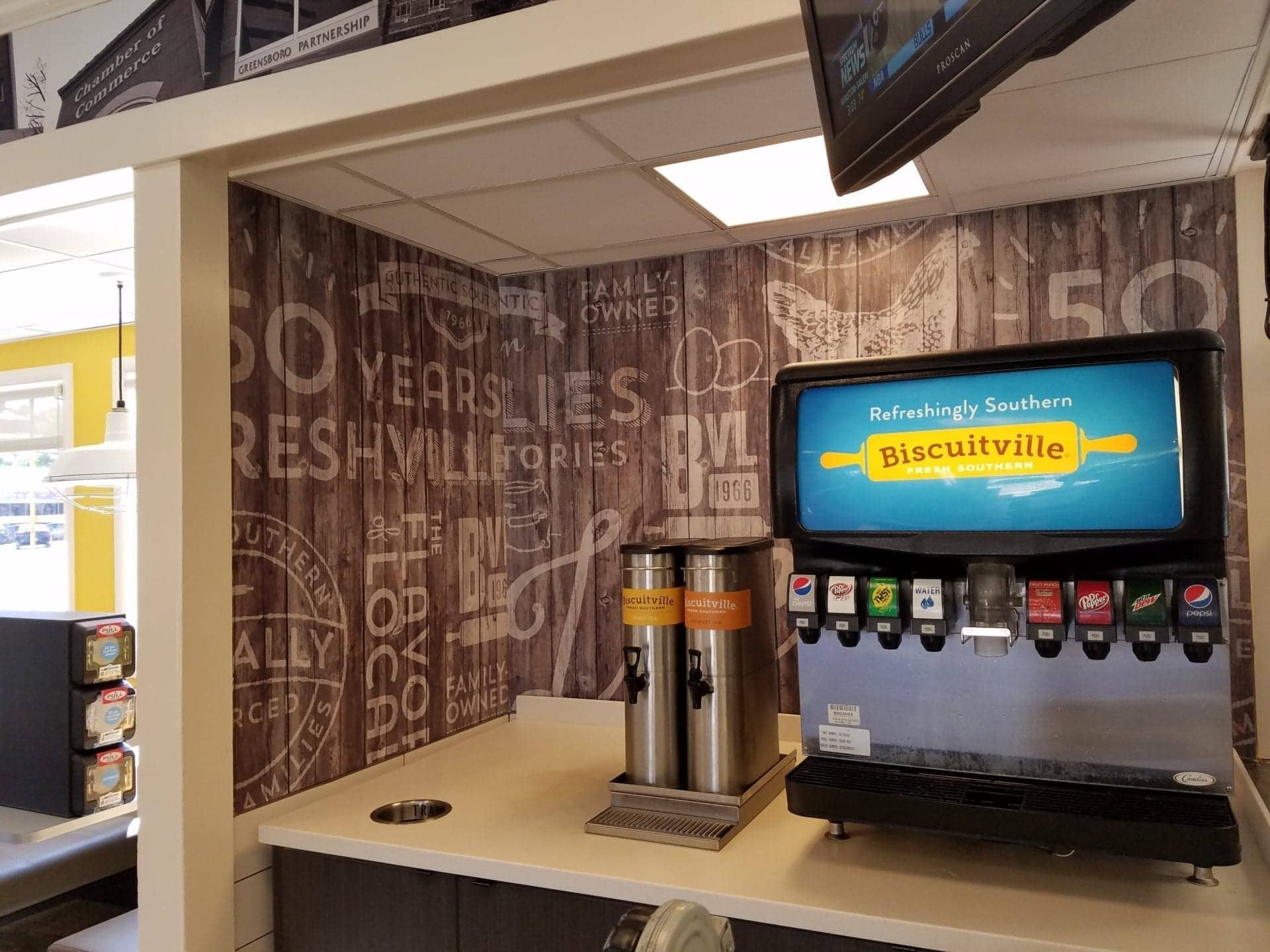 Biscuitville drink station with custom large format high resolution vinyl wall graphics with rustic flair