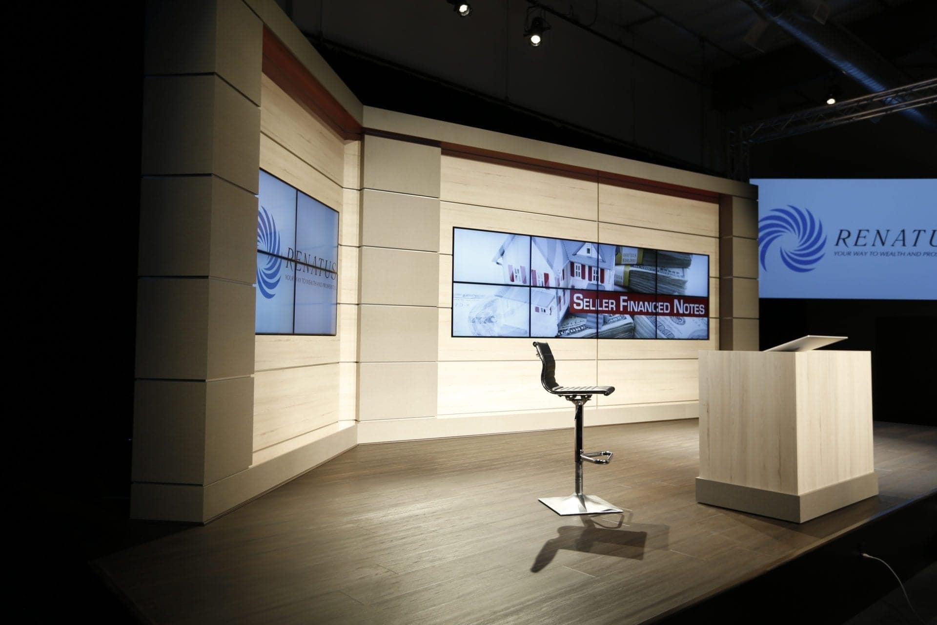 Renatus custom fabricated audio visual set design by Holt Environments