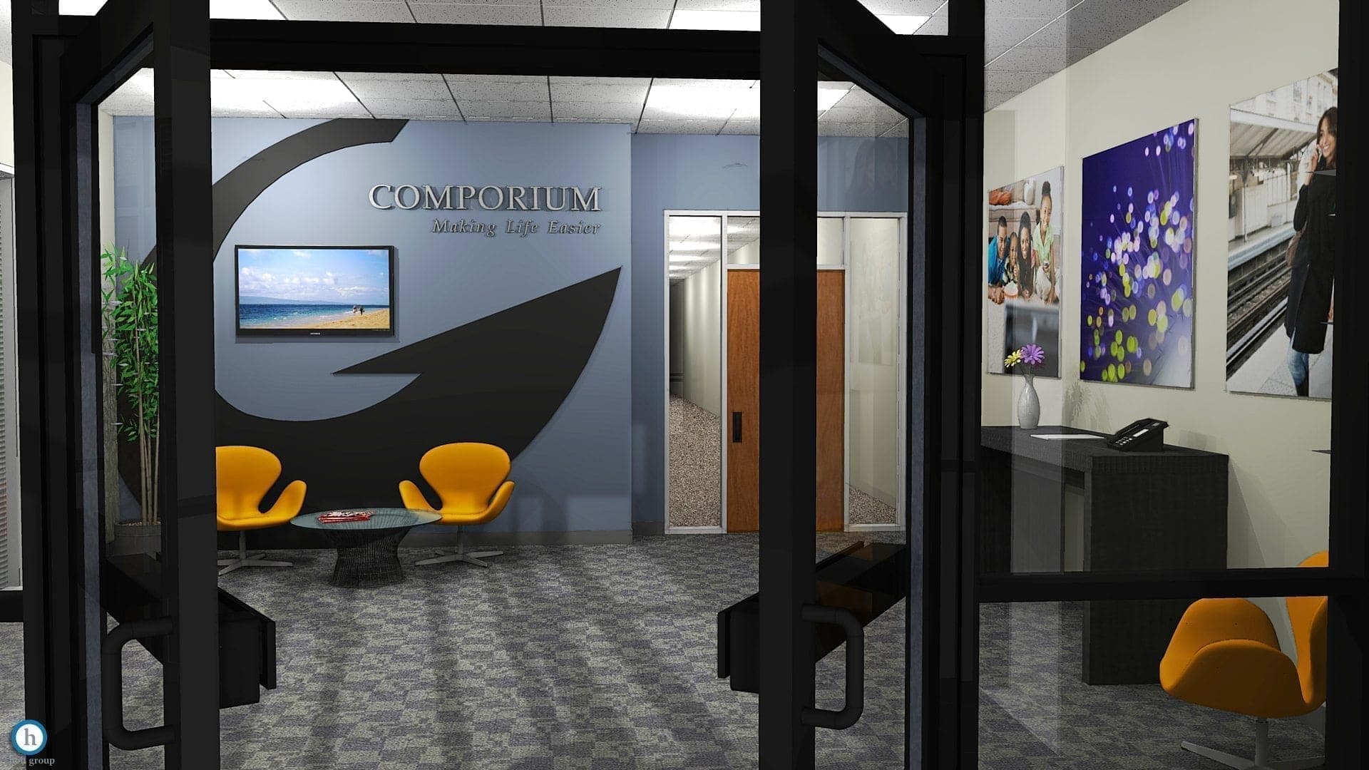 3D rendering of custom designed and upholstered seating and table desk furniture