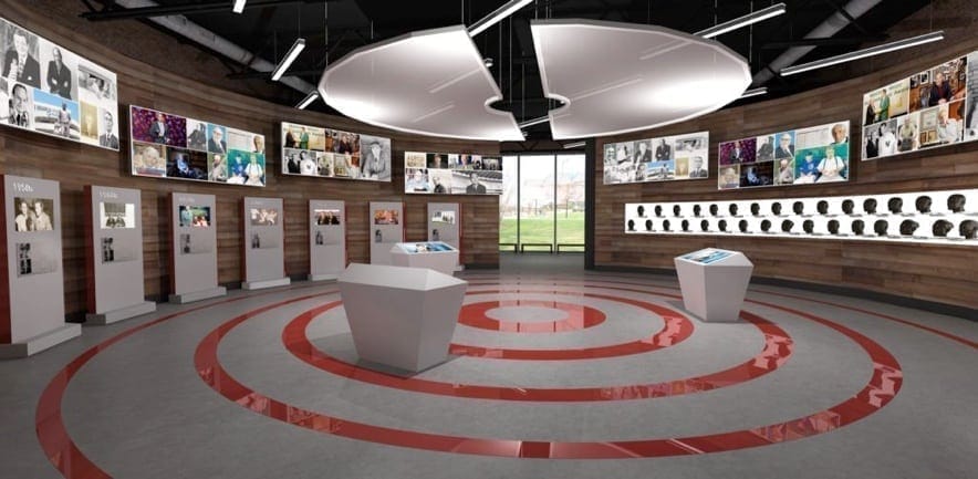 Interior Design and 3D Rendering of lobby area with overhanging suspended fabric clouse