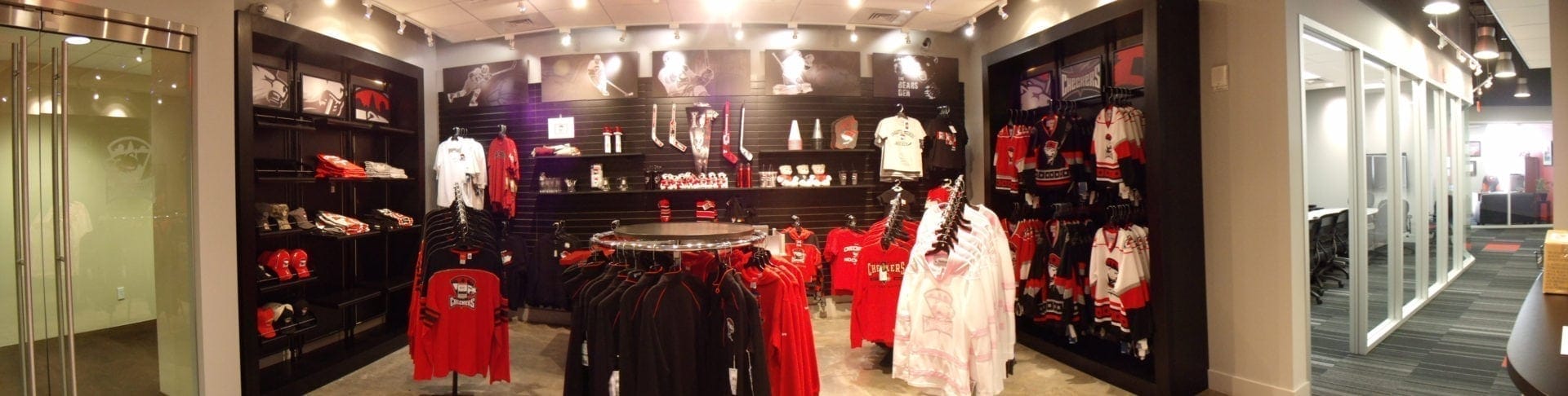 Panoramic view of custom designed and installed retail displays for lobbies and visitors' centers