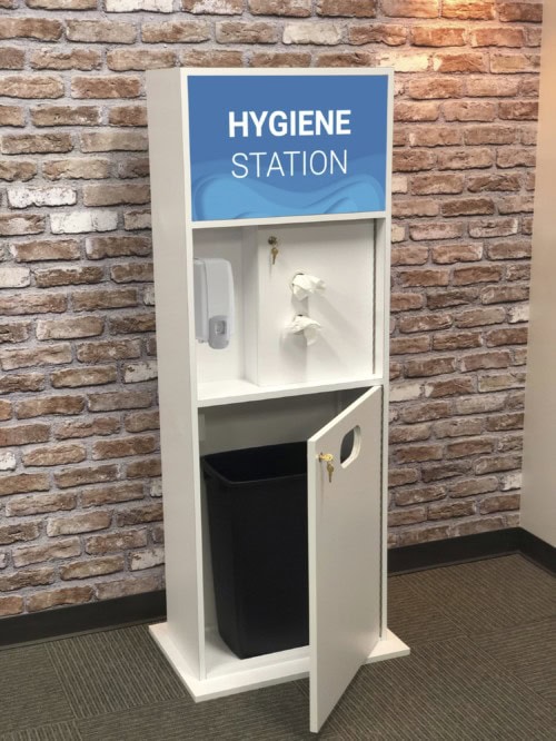 Infection control kiosk and hygiene station with trash cabinet by Holt Environments