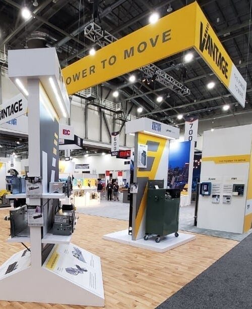 Vantage Elevation NAEC custom fabricated trade show exhibit product display kiosks with lighting and vinyl graphics