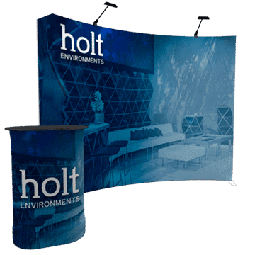 immersive 10ft display environments with branded logo graphics and podium for trade shows