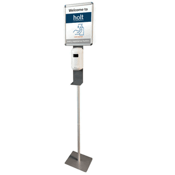 Tall freestanding hygiene hand sanitizer station with brand graphic