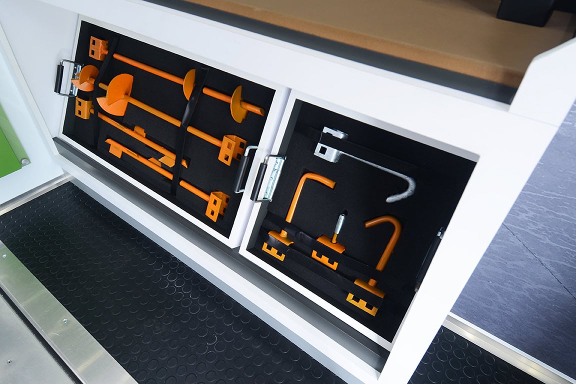Tools mounted for display within mobile training trailer