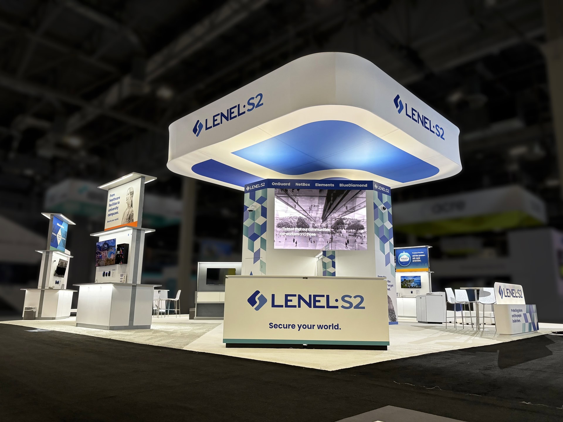 LenelS2 custom island trade show exhibit at ISC West 2024 - reception corner desk