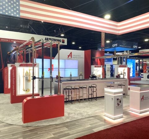 Aalberts IPS 30x40 AHR 2023 trade show exhibit - front left corner