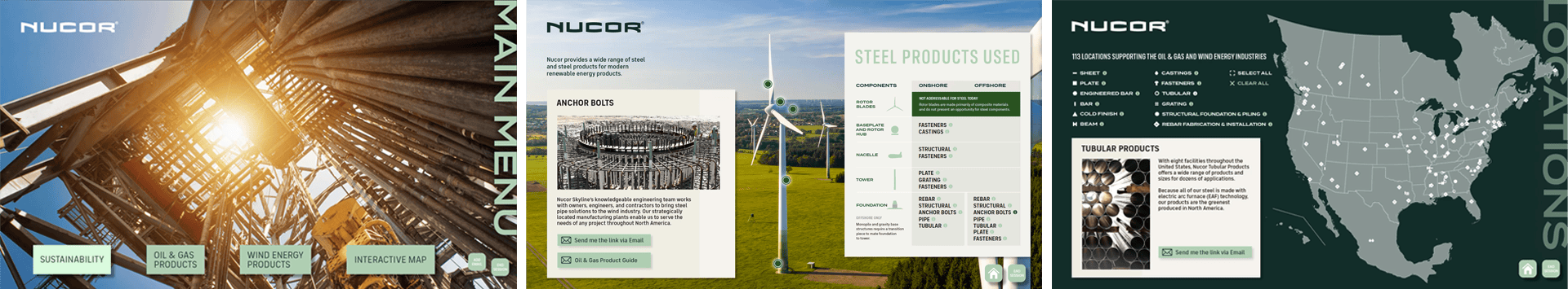 NUCOR interactive user interface showcasing products, services, and locations within a digital experience.