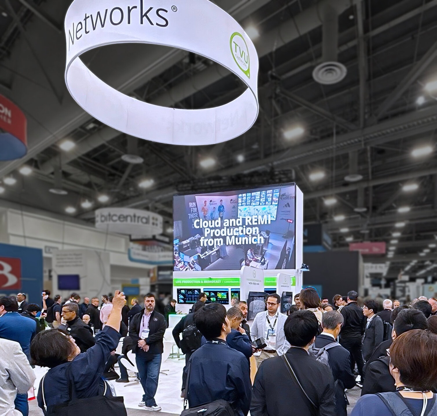 TVU Networks exhibit at NAB 2025 - crowded from front aisle