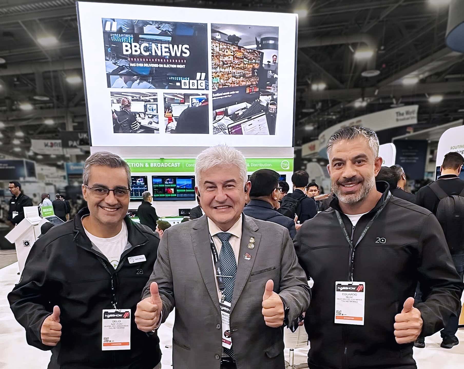 TVU Networks exhibit at NAB 2025 - happy partners with BBC on LED screen- upres