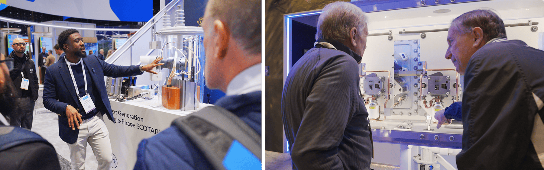 Montage showing a Reinhausen representative demonstrating a transparent transformer to attendees and customers examining the wiring and internal components of a product display at IEEE 2026.